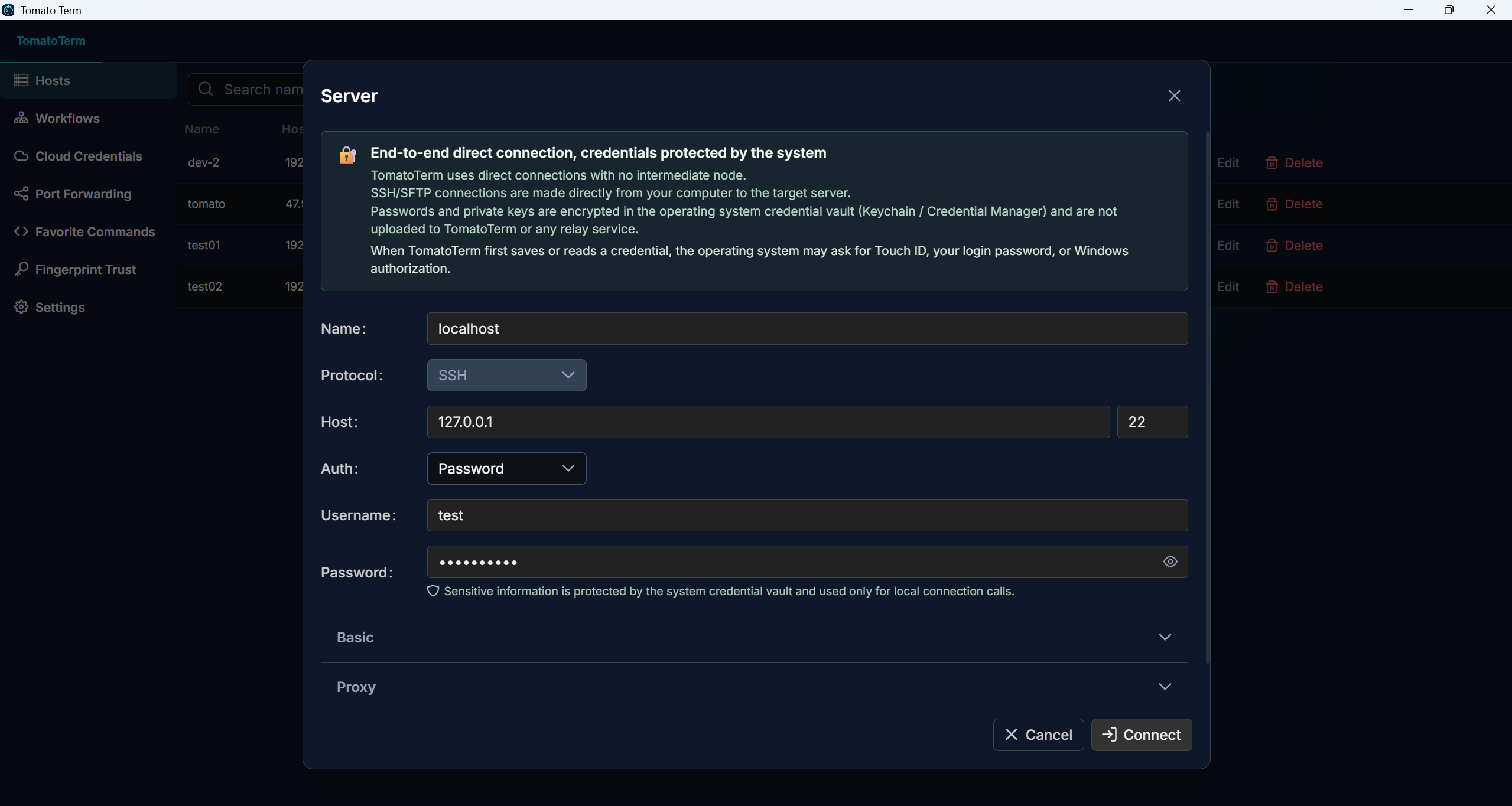 Connection settings screenshot